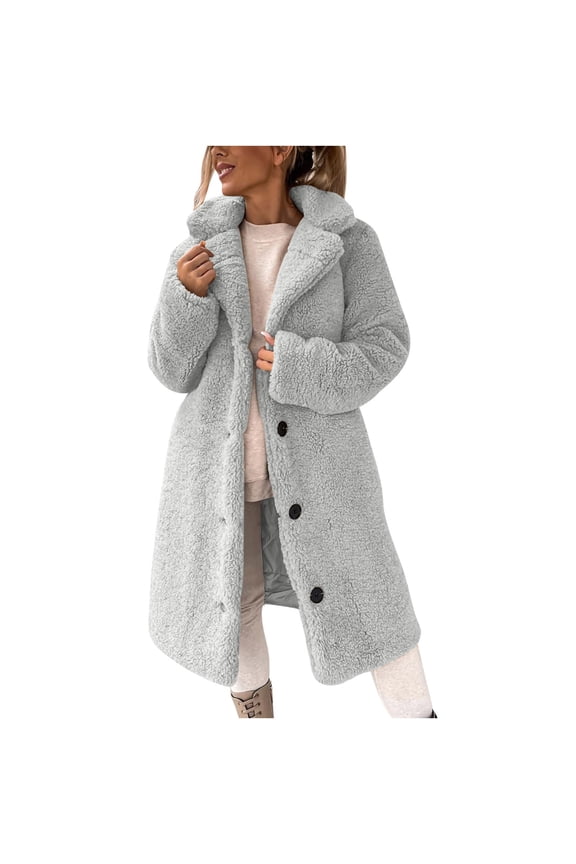 Womens Winter Coats Faux Fur Fuzzy Sherpa Fleece Jacket Casual Lapel Button Down Long Pockets Warm Teddy Outwear(Gray,M)