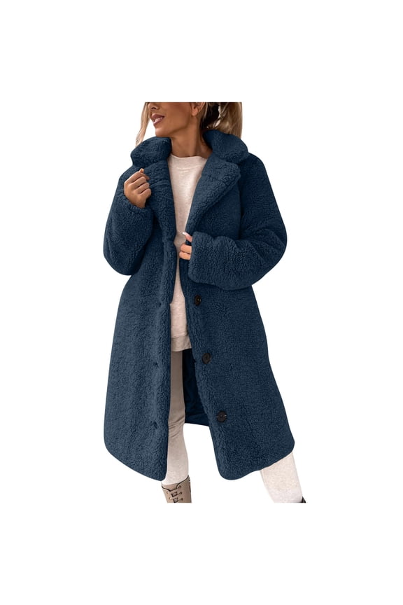 Womens Winter Coats Faux Fur Fuzzy Sherpa Fleece Jacket Casual Lapel Button Down Long Pockets Warm Teddy Outwear(Navy,M)