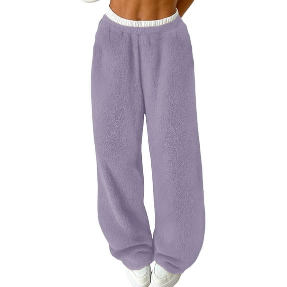 RYRJJ Womens Winter Cozy Lounge Pants Elastic Waist Wide Leg Warm Soft Fleece Pajama Bottoms Sleepwear Long Trousers(Purple;XL)