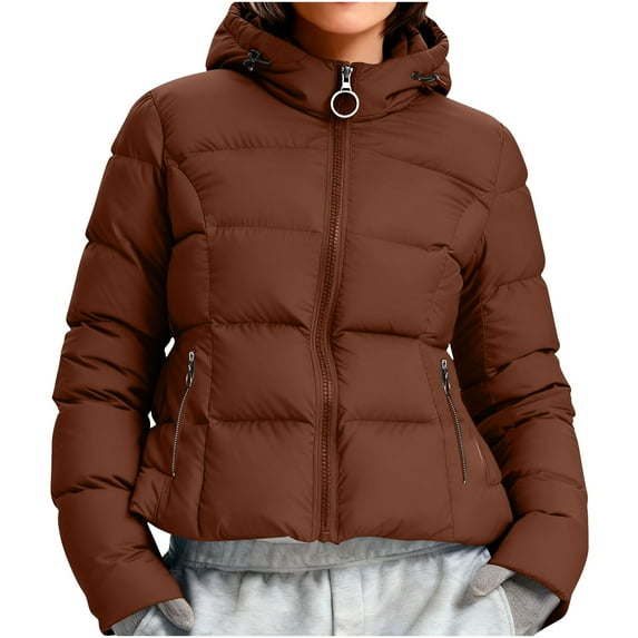 RYRJJ Womens Winter Cropped Puffer Jacket Removable Hooded Zip Up Short Warm Quilted Puffer Coat Outerwear with Zipper Pockets(Coffee,XL)