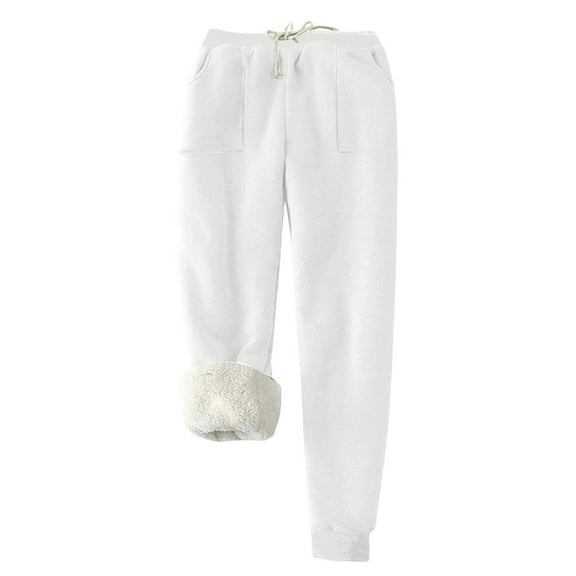 RYRJJ Womens Winter Fleece Lined Warm Athletic Sweatpants Drawstring Elastic Waist Casual Joggers Pants Comfy Sherpa Thermal Pants(White,M)