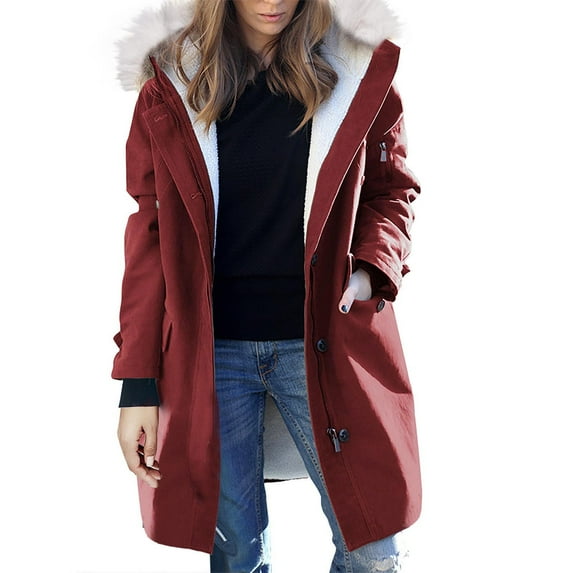 RYRJJ Womens Winter Warm Puffer Coats Plus Size Thicken Fleece Lined Parka Jacket Sherpa Lined Windproof Outerwear Faux Fur Hooded Jacket(Red,4XL)