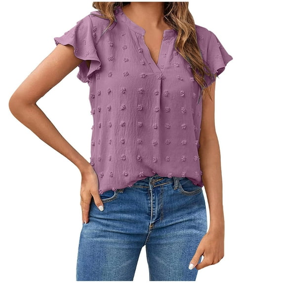 RYRJJ Womens Work Blouse V Neck Ruffle Sleeve Swiss Dot Flowy Shirts Dressy Casual Cute Summer Tops(Purple,M)