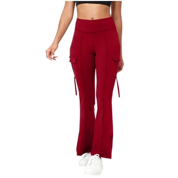 RYRJJ Womens Workout Flared Leggings with Pockets High Waisted Cargo Gym Yoga Pants Tummy Control Front Seam Bootcut Leggings(Red,M)