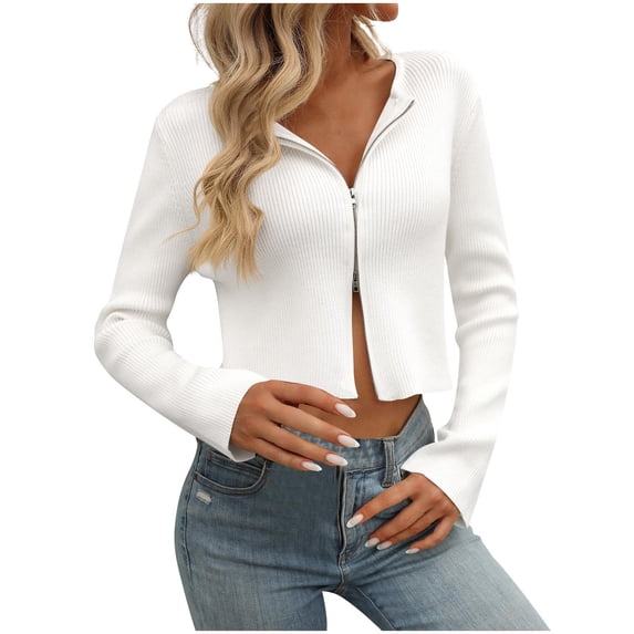 RYRJJ Womens Y2k Zip Up Cropped Cardigan Sweater Long Sleeve Solid Color Slim Fit Ribbed Knitwear Tops Trendy Fall Clothes(White,XL)
