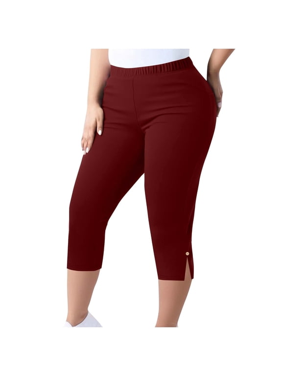 Womens Yoga Capri Pants Plus Size Stretch Knee Length Leggings Elastic High Waist Casual Summer Ladies Pull On Capris(Wine;XXL)