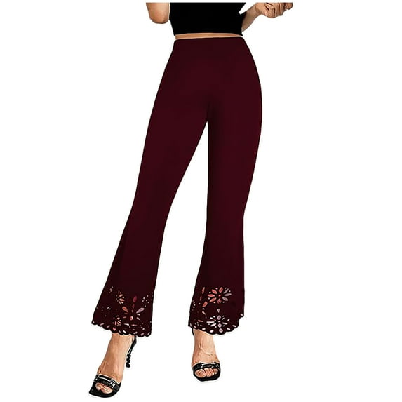 RYRJJ Womens Yoga Dress Pants High Rise Stretchy Work Slacks Business Office Casual Hollow Wide-Leg Bootcut Pull On Trousers(Red,XL)