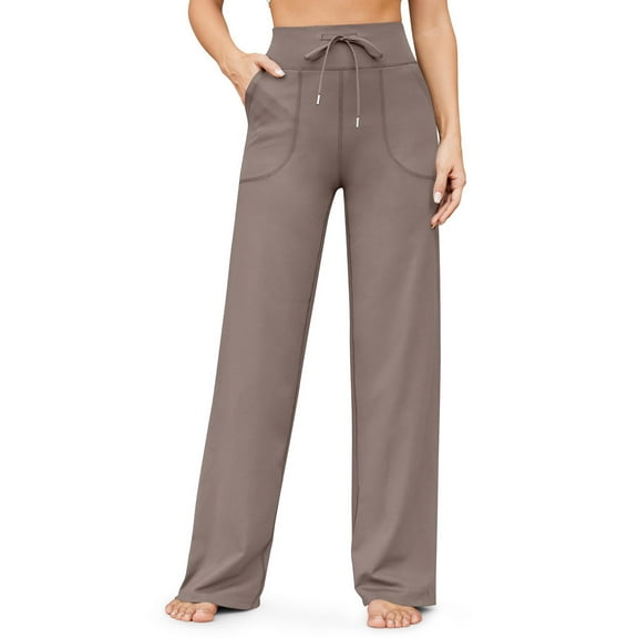 RYRJJ Womens Yoga Sweatpants Straight Wide Leg High Waisted Drawstring Lounge Pajamas Pants Comfy Workout Athletic Joggers with Pockets(Khaki,L)