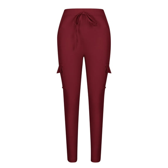 RYRJJ Womens Yoga Sweatpants with Pockets Stretch Tapered Joggers Pants Drawstring Running Lounge Running Hiking Cargo Trousers(Wine,S)