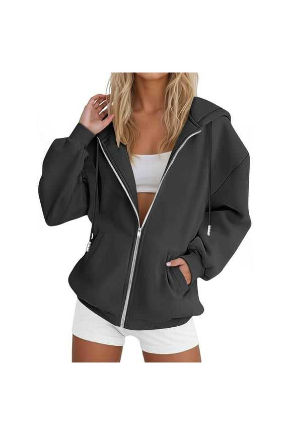 Womens Zip Up Hoodies Fall Winter Trendy Long Sleeve Hooded Sweatshirts Comfy Casual Y2k Jacket Outwear Coat with Pockets(Dark Gray,M)