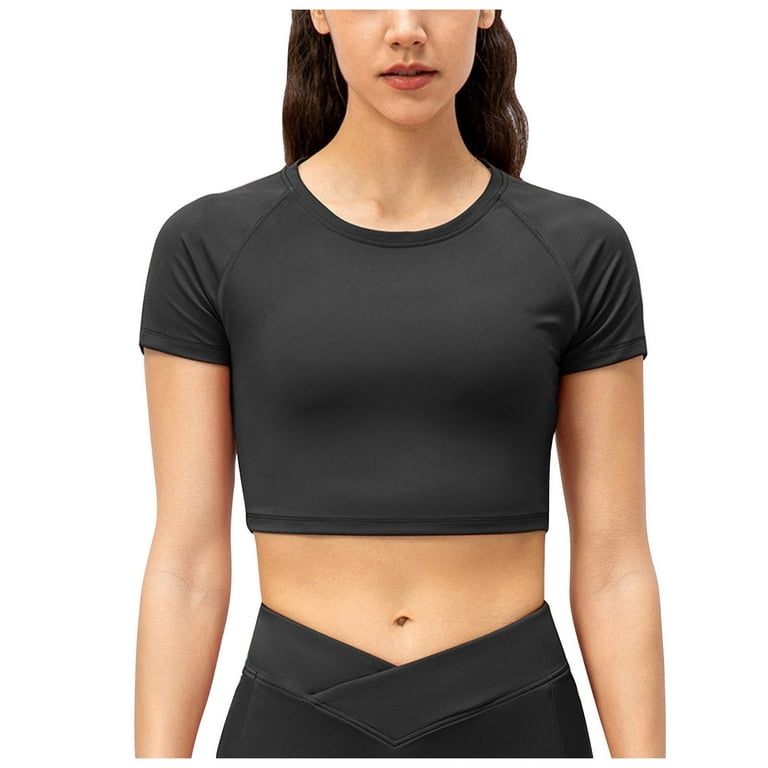 RYRJJ Workout Cropped Tops for Women Vital Short Sleeve Yoga Running T- Shirts Crew Neck Tees Slim Quick Dry Athletic Crop Tops(Black,L) 