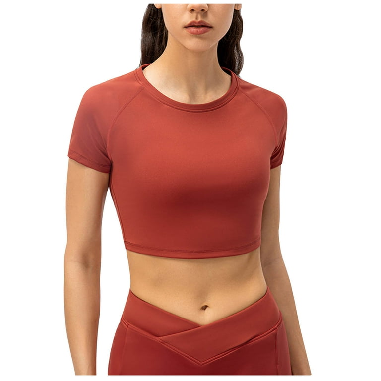 RYRJJ Workout Cropped Tops for Women Vital Short Sleeve Yoga Running  T-Shirts Crew Neck Tees Slim Quick Dry Athletic Crop Tops(Red,XL)