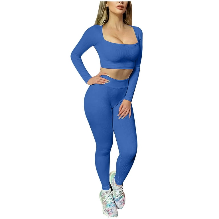 RYRJJ Workout Outfits for Women 2 Piece Ribbed Exercise Long Sleeve Slim  Crop Tops Tummy Control High Waist Leggings Active Yoga Set(Blue,S)