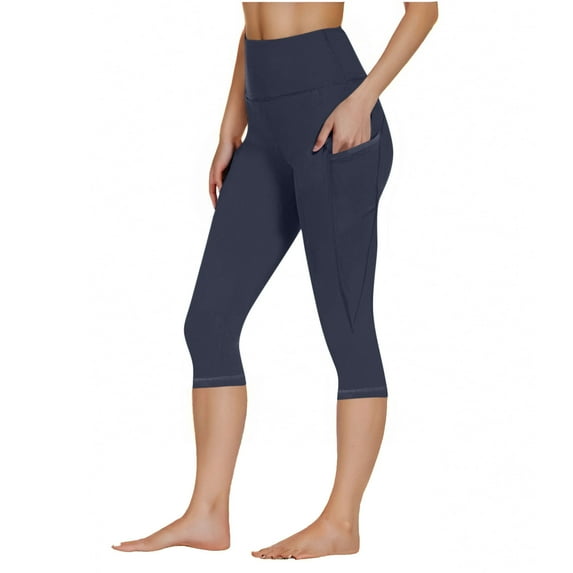 RYRJJ Yoga Capris for Women with Pockets Plus Size High Waisted Capri Leggings Tummy Control Workout Athletic Running Pants(Navy,M)