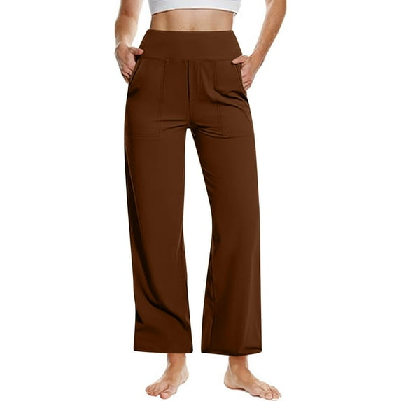 RYRJJ Yoga Pants for Women Wide Leg Pants with Pockets High Waisted Stretch Dress Pants Casual Comfy Sweatpants(Brown,XXL)