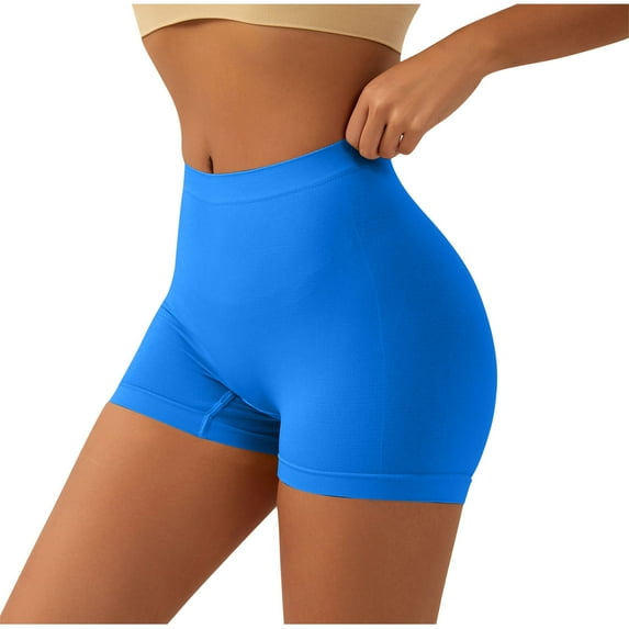 RYRJJ Yoga Shorts for Women Tummy Control High Waisted Biker Shorts Exercise Workout Butt Lifting Tights Seamless Short Pants(Blue,XL)