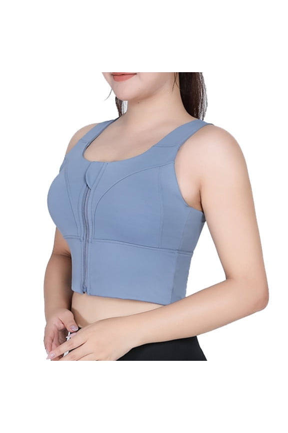 Zip Up Front Sports Bras for Women Compression Bra Plus Size Cotton Wireless Padded High Impact Longline Workout Yoga Bra(Blue,XL)