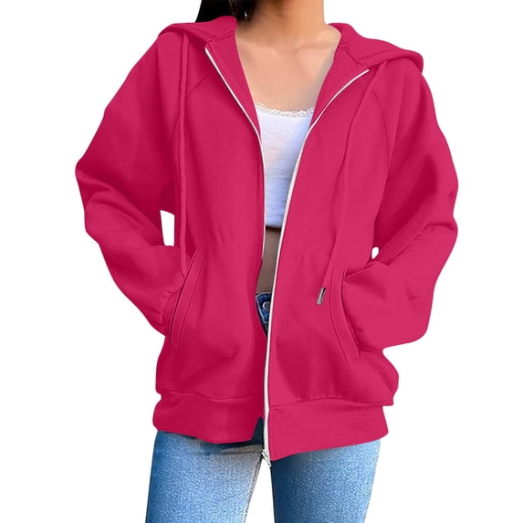 RYRJJ Zip Up Y2k Hoodies for Women Fall Casual Long Sleeve Hooded Sweatshirts Jackets Lightweight Outwear Coat with Pockets(Hot Pink,XXL)