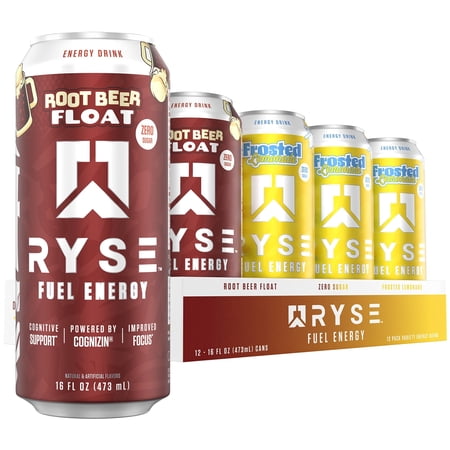 RYSE Fuel New Energy Drink - Frosted Lemonade & Root Beer Float - Sugar Free - 16 fl oz (12-Pack)