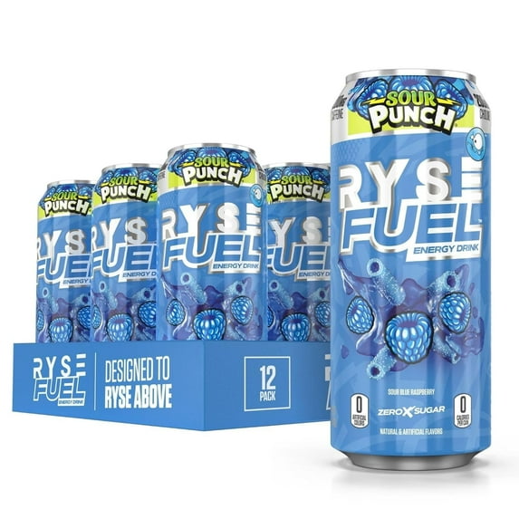 RYSE Fuel Sugar Free Energy Drink | Vegan Friendly, Gluten Free | No Fillers & No Artificial Colors | 0 Calories | 200mg Natural Caffeine | 12 Pack (Sour Punch Blue Raspberry)