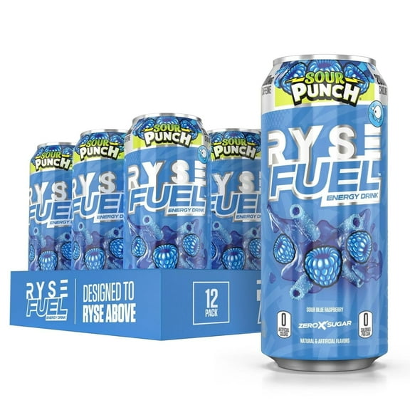RYSE Fuel Sugar Free Energy Drink | Vegan Friendly, Gluten Free | No Fillers & No Artificial Colors | 0 Calories | 200mg Natural Caffeine | 12 Pack (Sour Punch Blue Raspberry)