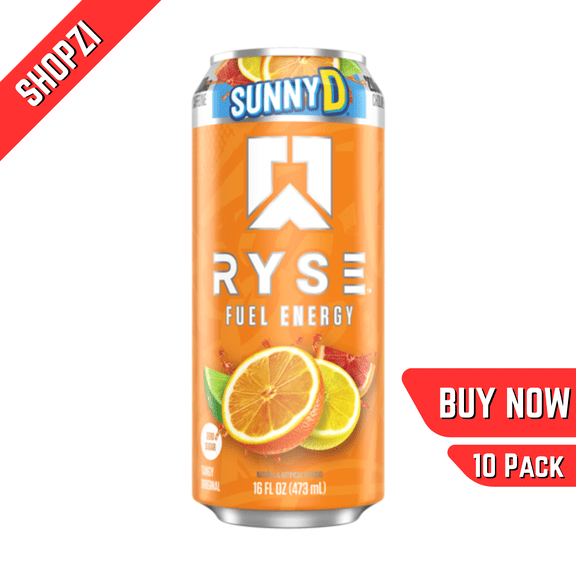RYSE Fuel SunnyD Tangy Original, 10 Pack (16 fl oz Cans), Zero Sugar Performance Energy Drink