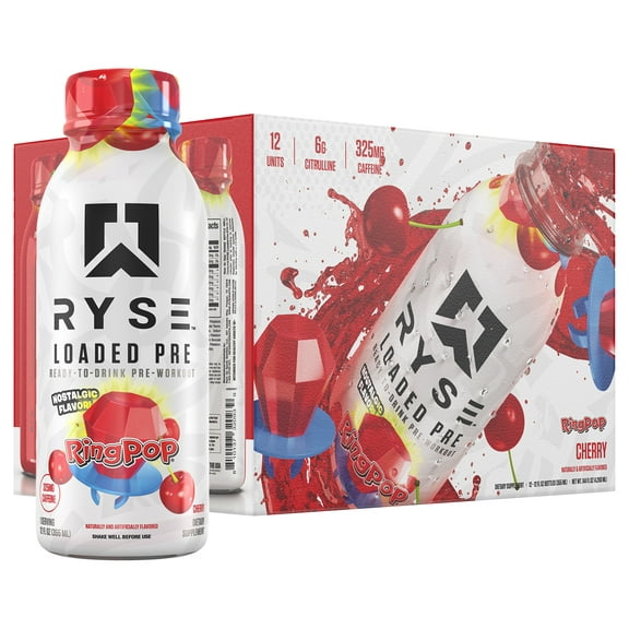 RYSE Loaded Pre Workout Drink - Sugar-Free - Ping Pop Cherry - 12 Pack
