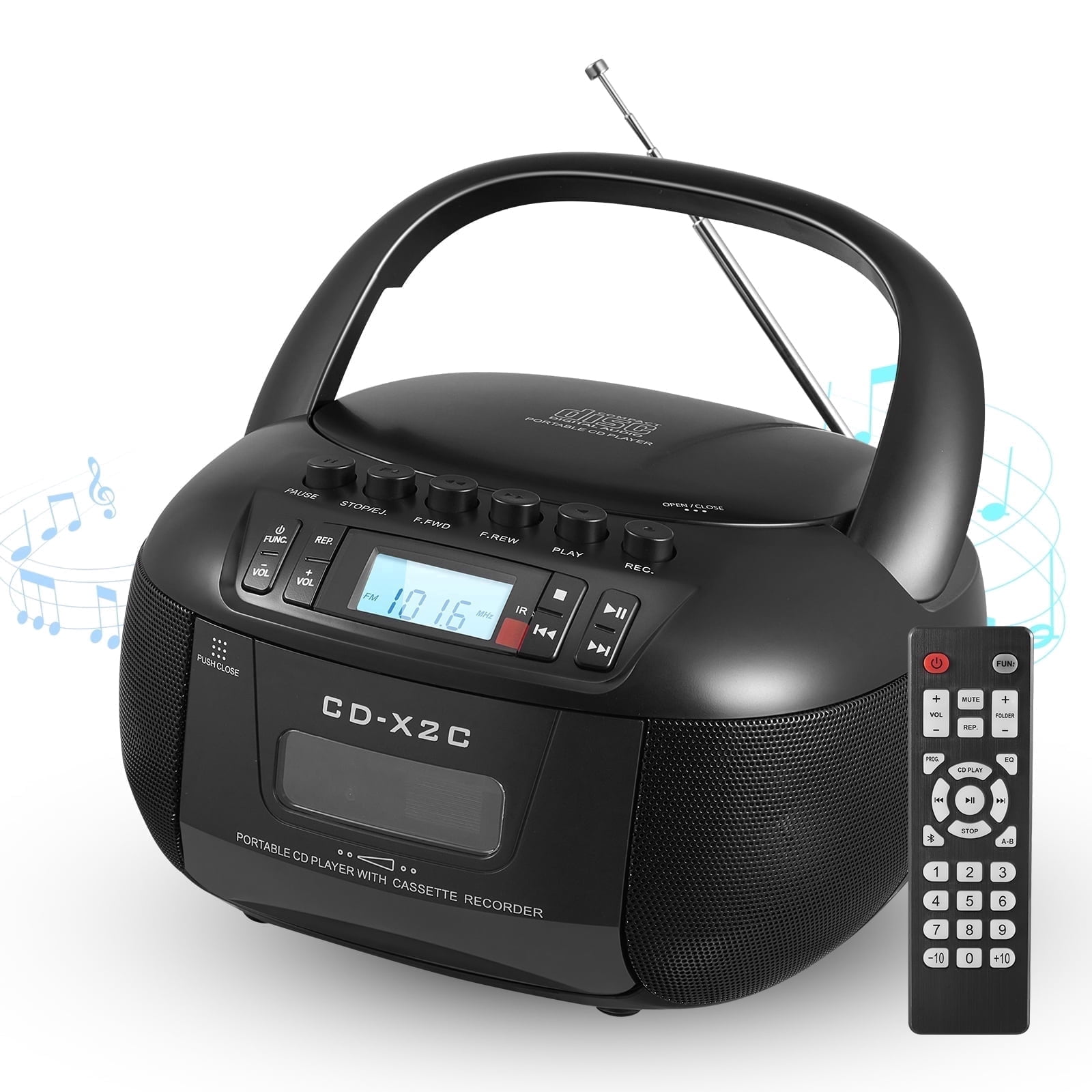 RYSZDARL Boombox Cassette CD Player Combo with Bluetooth AM/FM Radio Tape Recording AUX/USB Drive AC/DC Powered Headphone Jack LCD Display 3W Stereo Sound with Remote Control for Home and Outdoor