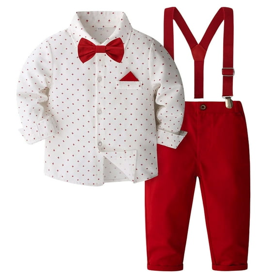 RYTAYY Children Boys Clothing Sets Polka Dot Shirt with Bowtie Solid Color Suspender Pants Comfortable formal Occasion Casual Daily Wear Fashionable & Breathable