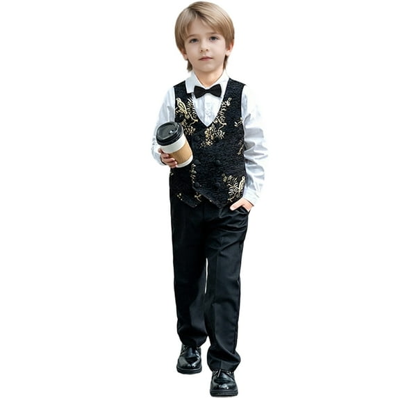 RYTAYY Teen Boys Outfit Sets formal Vest Outfit Embroidery Suit Solid Color Pants Bow Tie 3-Pack Embroidered Birthday Party Piano Performance 3-16 Years Fun & Vibrant Designs