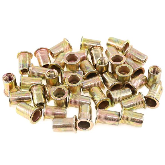 RYTHGF-100Pcs M8 Rivet Nuts Metric Zinc Plated Rivet Nut Carbon Steel Rivet Nut Flat Head Threaded Insert Kit Threaded Rivet Insert Nutsert Rivnuts Kit for Furniture