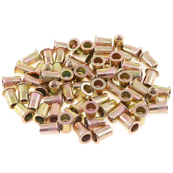 RYTHGF-150Pcs M6 Rivet Nuts Metric Zinc Plated Rivet Nut Carbon Steel Rivet Nut Flat Head Threaded Insert Kit Threaded Rivet Insert Nutsert Rivnuts Kit for Furniture