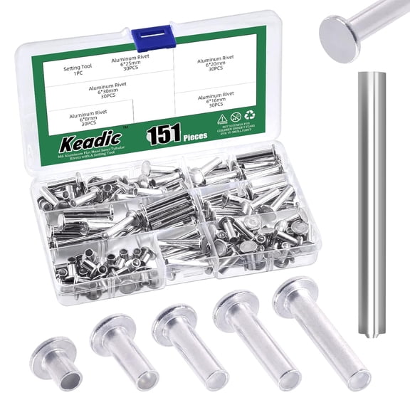 RYTHGF-151Pcs M6 Aluminum Flat Head Semi-Tubular Rivets Assortment Set, M6 x 8/16/20/25/30mm Silver Tone Metal Stud Fasteners for Leather Household Automobile Industry
