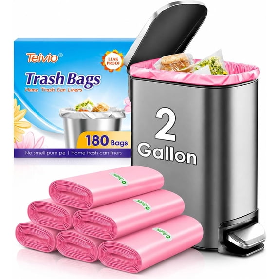 RYTHGF-2 Gallon 180 Counts Strong Trash Bags Garbage Bags, Bathroom Trash Can Bin Liners, Plastic Bags for home office kitchen, Pink