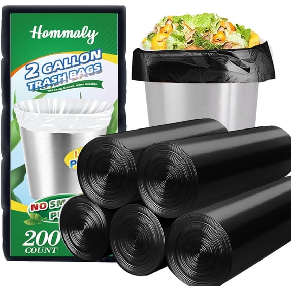 RYTHGF-2 Gallon 200 pcs Small Black Trash Bags(Fit1.8-2 Gal), Strong 1.8 Gallon Garbage Bags, Bathroom Trash Can Bin Liners, Mini Plastic Bags for Office,Waste Basket Liner,Fit 6,7,8 Liters-Black