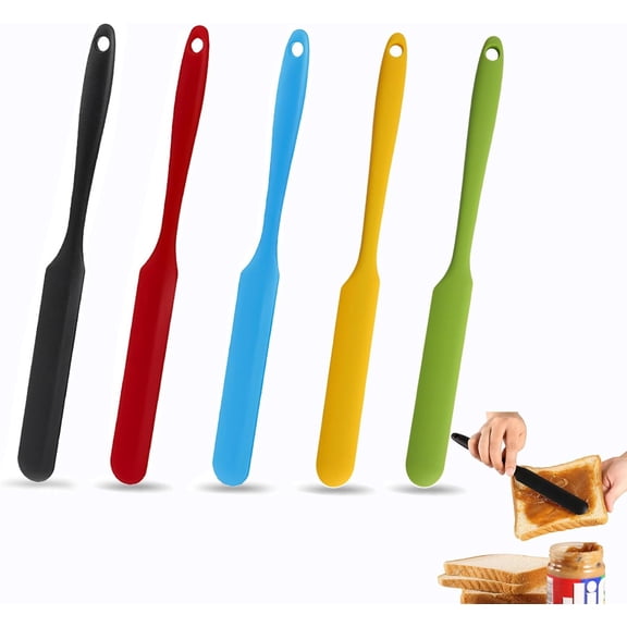 RYTHGF-Silicone Spatula Set for Jam Jar & Baking - Heat-Resistant Small Skinny Spatula, Non-Stick Scraper, Sourdough Spurtle, Cake Cream & Butter Spreader (Black+Blue+Red+Green+Yellow)