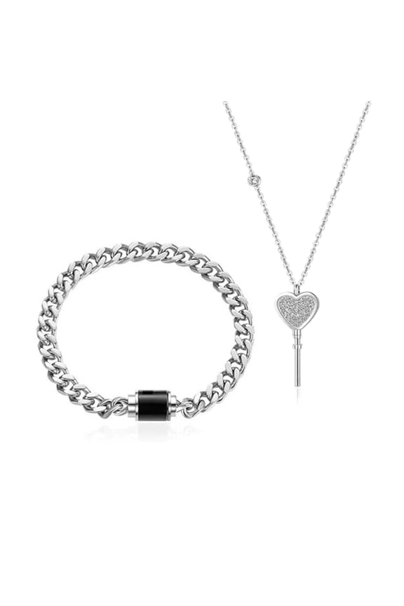 2pcs Fashion Lock Charm Bracelet Metal Chain Bangle Stainless Steel Heart Key Pendant Necklace Couple Matching Jewelry