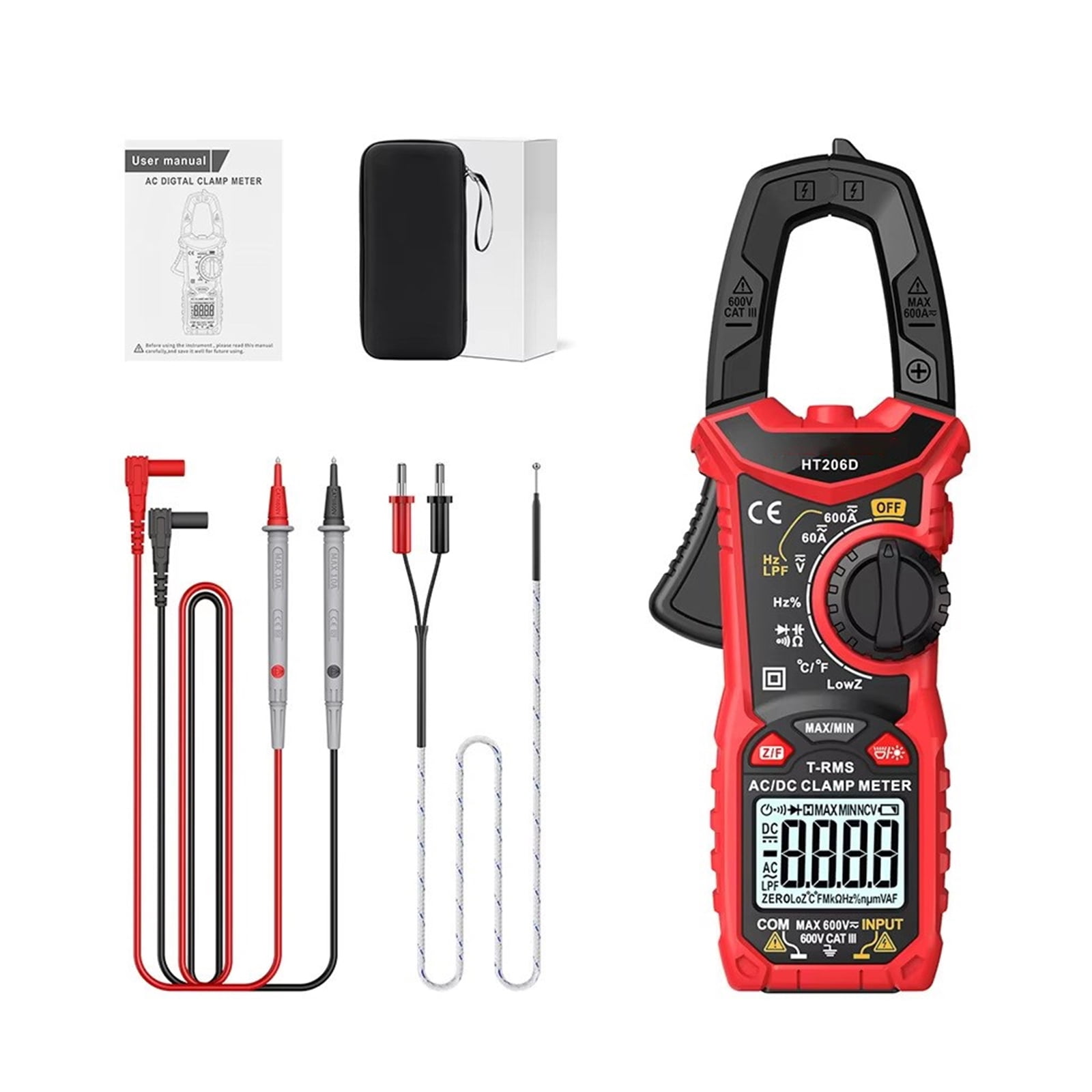 RYUJNDK HT206D Digital Clamp Meter for Voltages Current Resistance Capacitance Frequency Temperature Testing with Bag