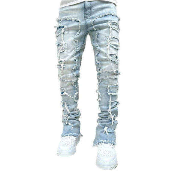 RYUJNDK Mens Stacked Patches Jeans Fit Ripped Jeans Destroyed Straight Denims Pants Hiphop Trouser Streetwear