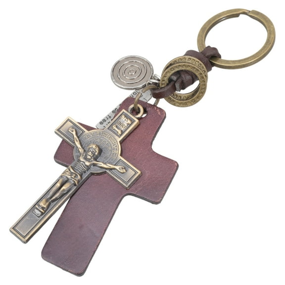 RYUJNDK PU Leather and Zincs Alloy Keychain Religious Key Rings Fashion Crucifix Pendant Bag Charm Accessory for Trendsetters