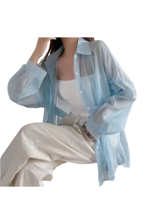 Women Button Front Long Sleeve Mesh Shirt See Through Sheer Blouses Tops Long Sleeve Ladies Basic Shirts