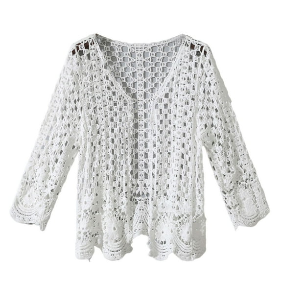 RYUJNDK Women Spring Long Sleeve Cardigan Hollow Out Crochet Knit Floral Sweater Up Open Front Scalloped Mesh Net Sunscreen Shrug Coat Beachwear