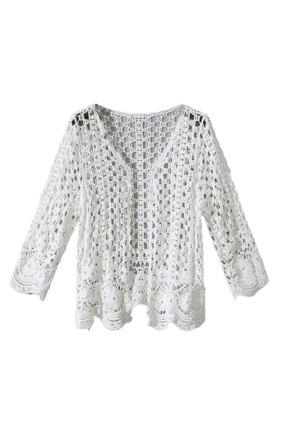 Women Spring Long Sleeve Cardigan Hollow Out Crochet Knit Floral Sweater Up Open Front Scalloped Mesh Net Sunscreen Shrug Coat Beachwear