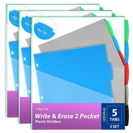 RYWESNIY 5 Tab Plastic Dividers with Pockets, 2 Pocket Dividers for 3 Ring Binders, Multicolor, 3 Sets (15 Dividers Total)