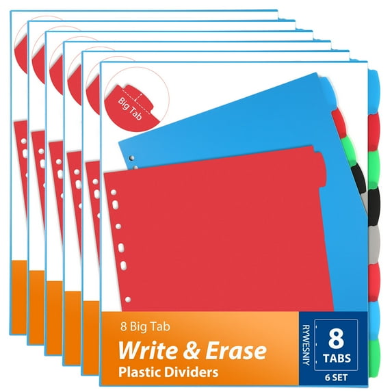 RYWESNIY 8 Tab Plastic Binder Dividers,Write and Erase Dividers for Binders, Multicolor,6 Sets (48 Dividers Total)