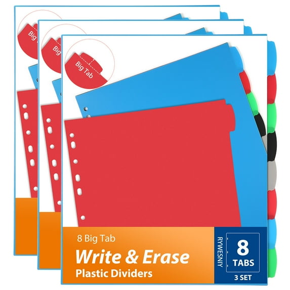 RYWESNIY 8 Tab Plastic Binder Dividers,Write and Erase Dividers for Binders, Multicolor, school supplies
