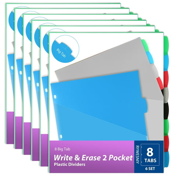 RYWESNIY 8 Tab Plastic Dividers with Pockets, 2 Pocket Dividers for 3 Ring Binders,Multicolor,6 Sets (48 Dividers Total)