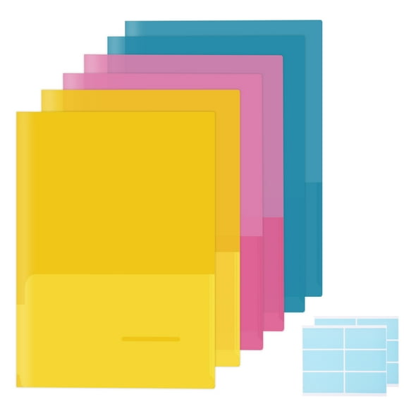 RYWESNIY Plastic Folders with Pockets and 2 Card Slots,2 Pocket Folders with Labels for School,Letter Size, Assorted Colors, 6 Pack