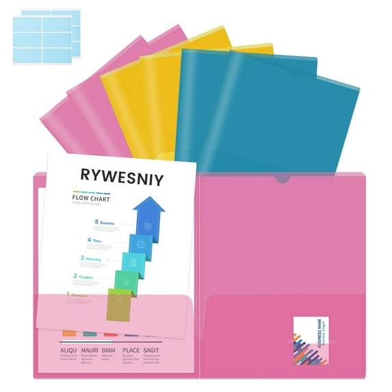 RYWESNIY Plastic Pocket Folders with Front Cover, 2 Pocket School Folders Plus 2 Additional Pockets, Assorted Colors, Letter Size, 6 Pack