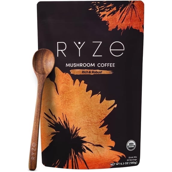 RYZE SUPERFOODS Mushroom Coffee Dark Roast, 6 Adaptogenic Mushrooms & Prebiotic Blend, Instant Coffee Supports Energy, Focus, Digestion & Immunity, Lions Mane & Turkey Tail, 30 Servings.